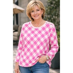 NWT BOB MACKIE | Wearable Art Pink and White Gingham Button Shoulder Top Sz. 1X